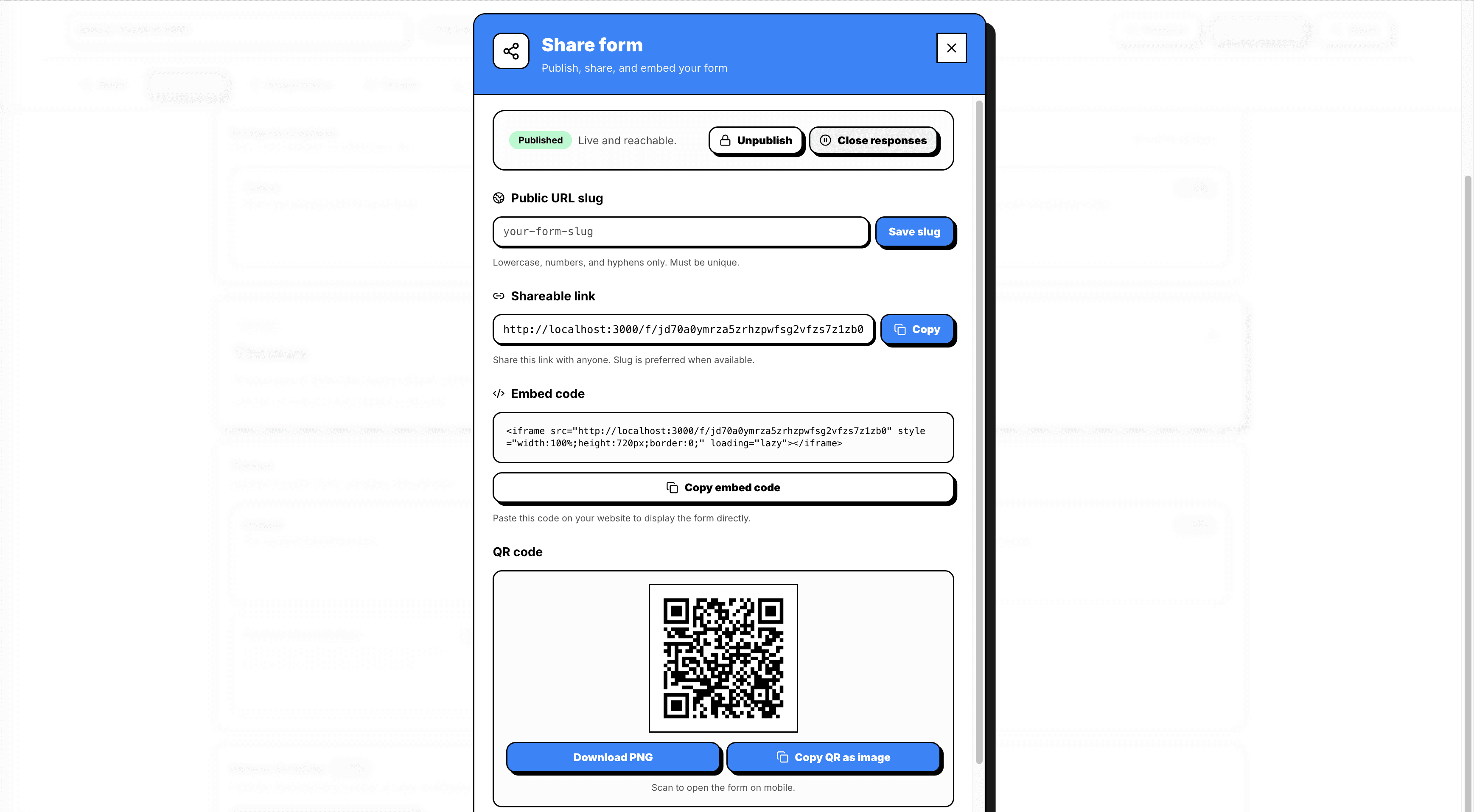 Screenshot: Publish dialog with URL customization