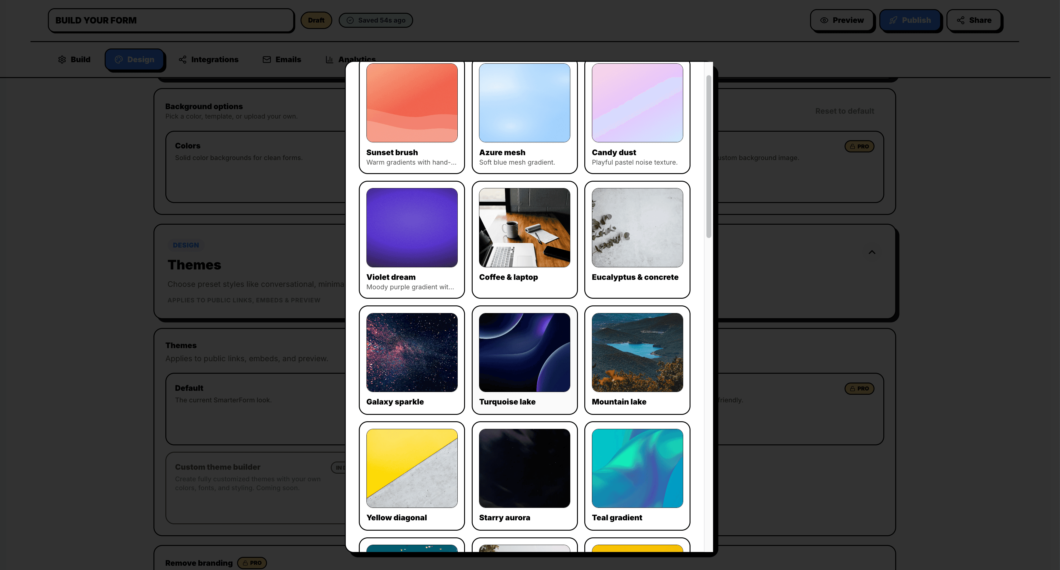 Screenshot: Theme selection and background customization